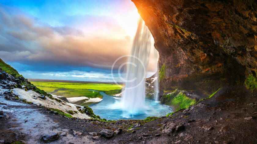 A painting of a waterfall in the middle of a valley