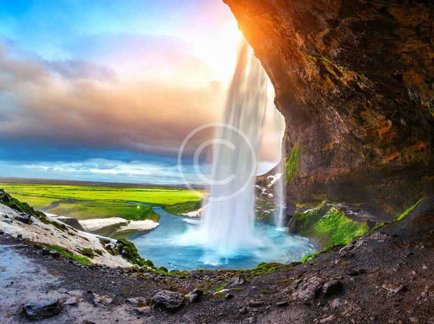 A painting of a waterfall in the middle of a valley