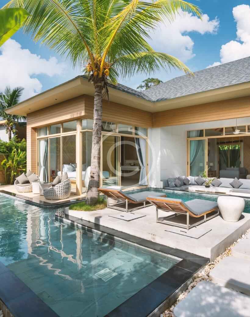 A pool with a lot of furniture in it