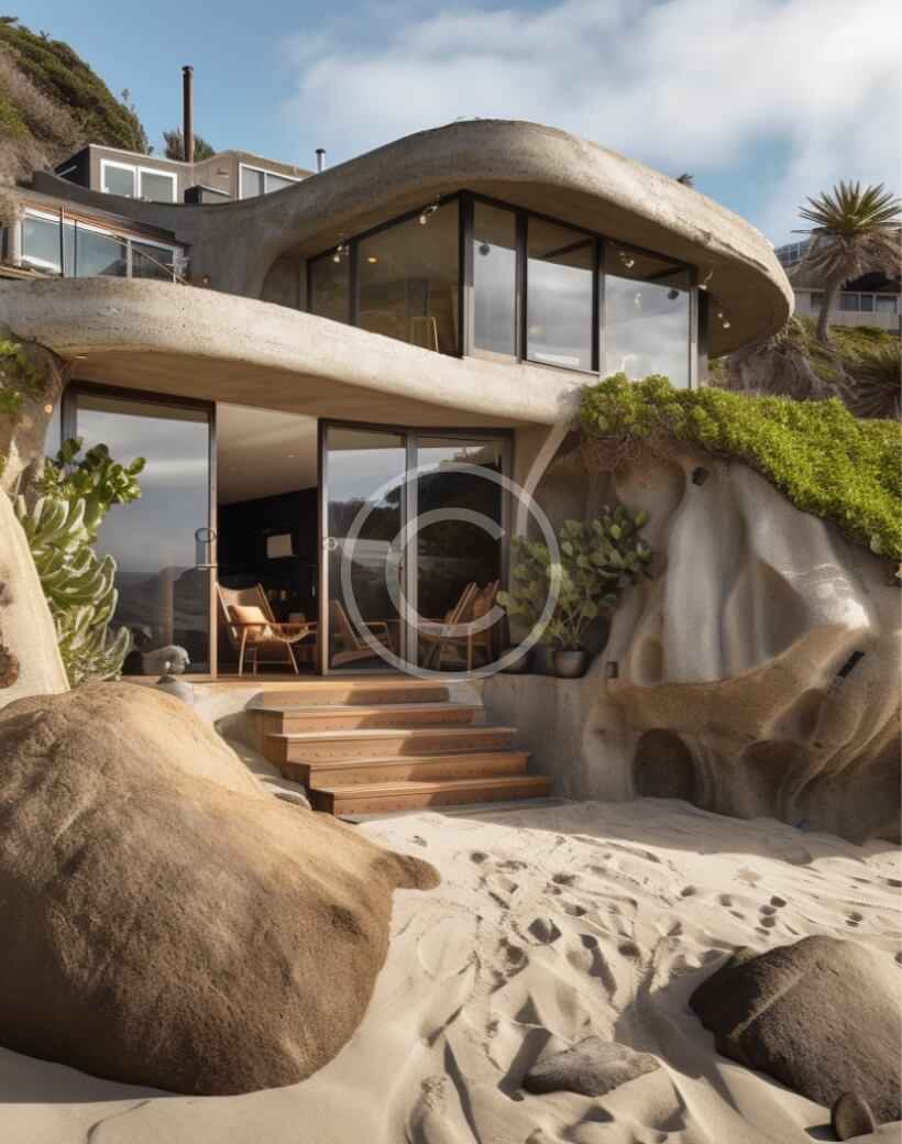 A house on the beach with stairs leading to it.