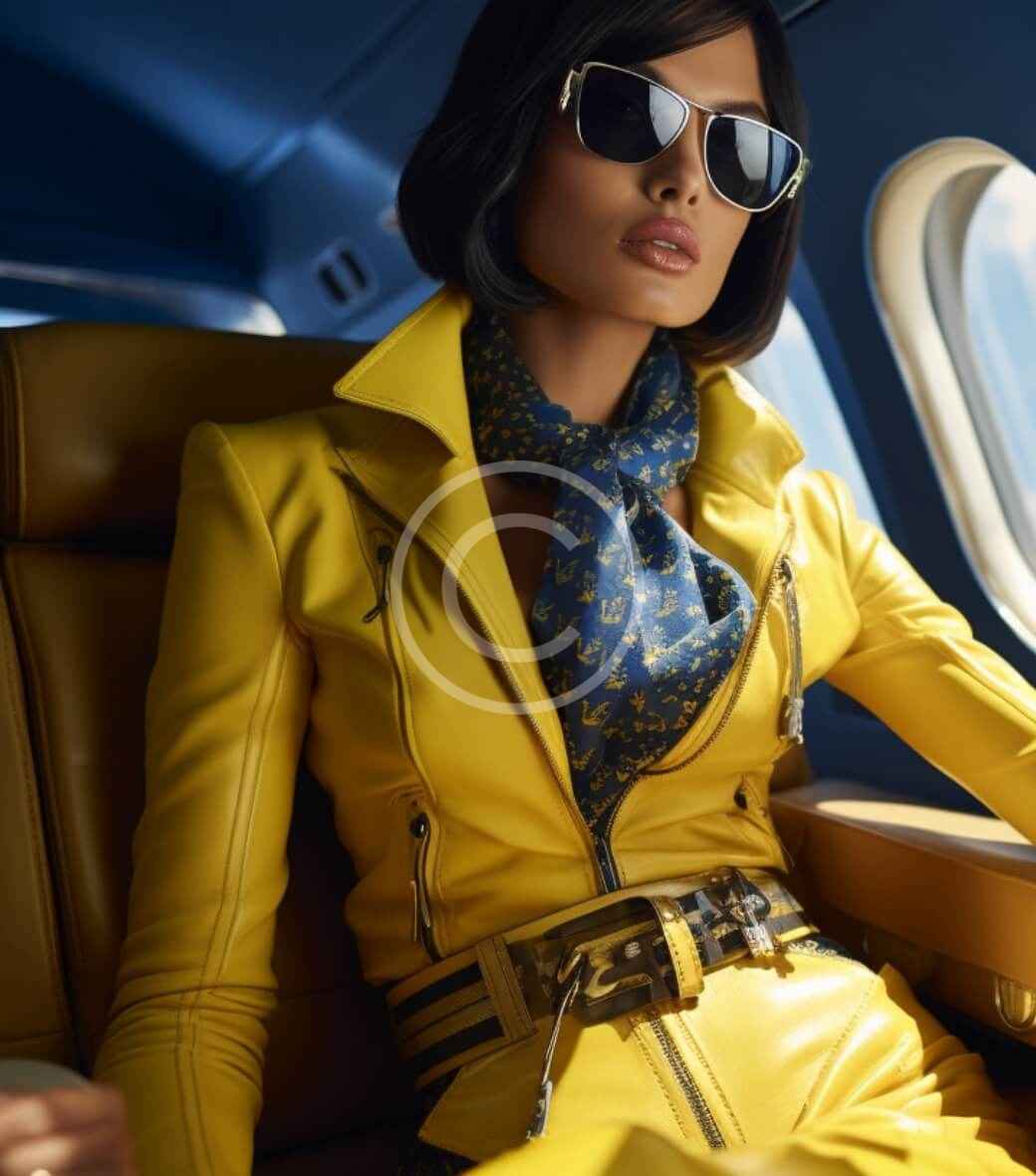 A woman in yellow jacket sitting on chair.