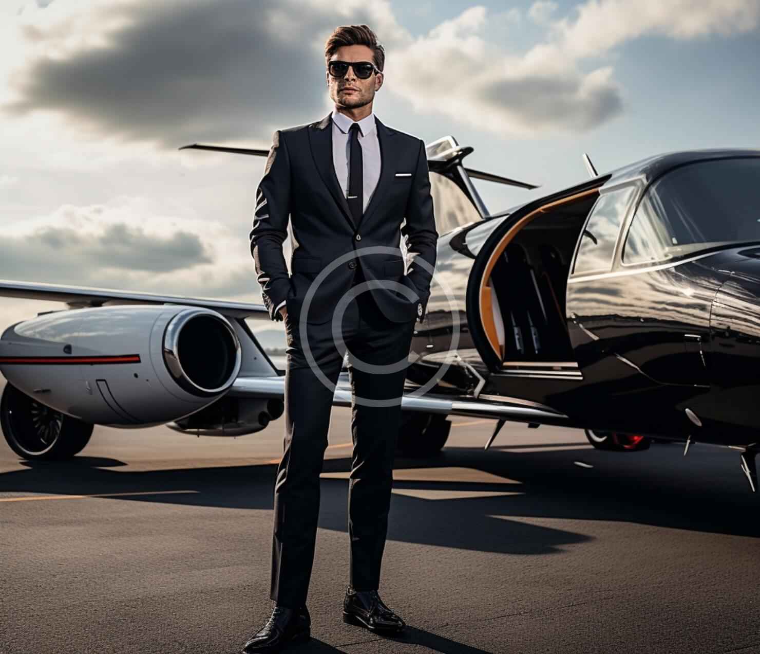 A man in suit and tie standing next to an airplane.