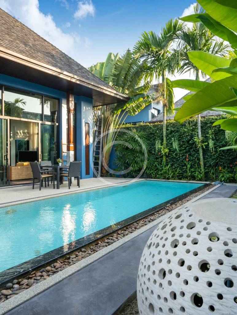 A pool in the middle of a yard with palm trees.