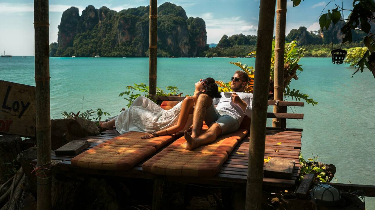 Couple in love on an island off the coast. Couple by the sea