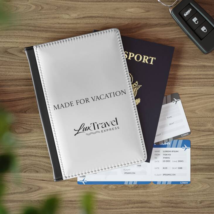 A passport and boarding pass sitting on top of a table.