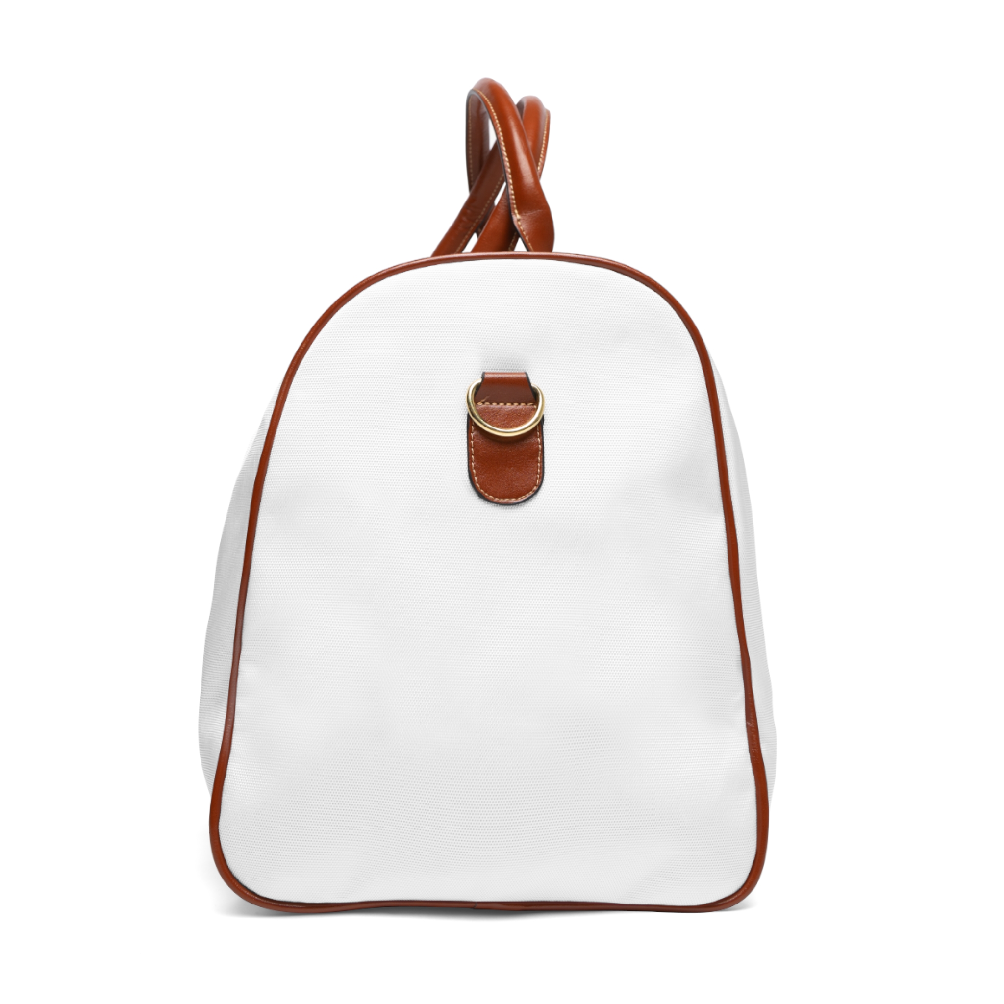 A white duffel bag with brown leather trim.