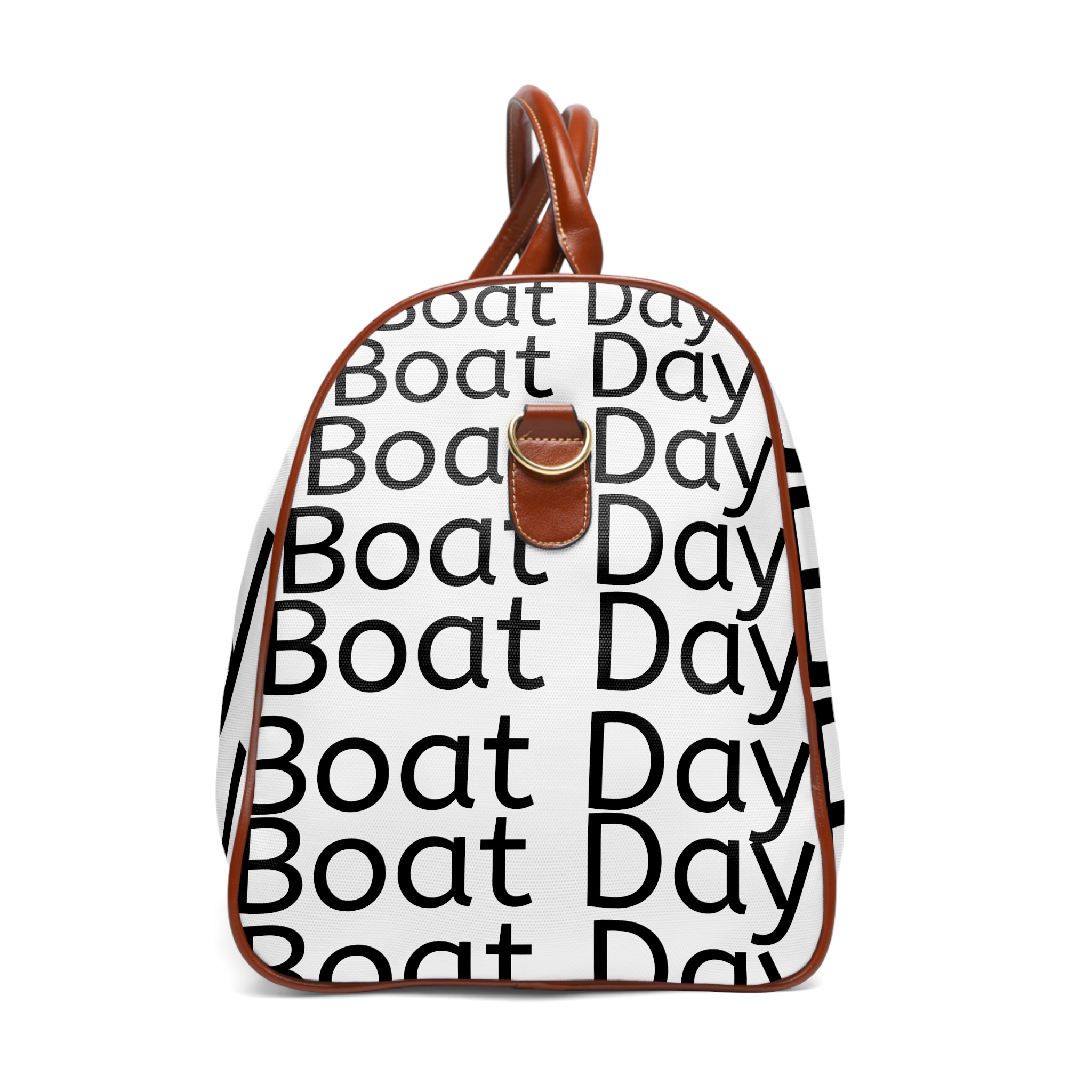 A boat day duffel bag with black and white text.