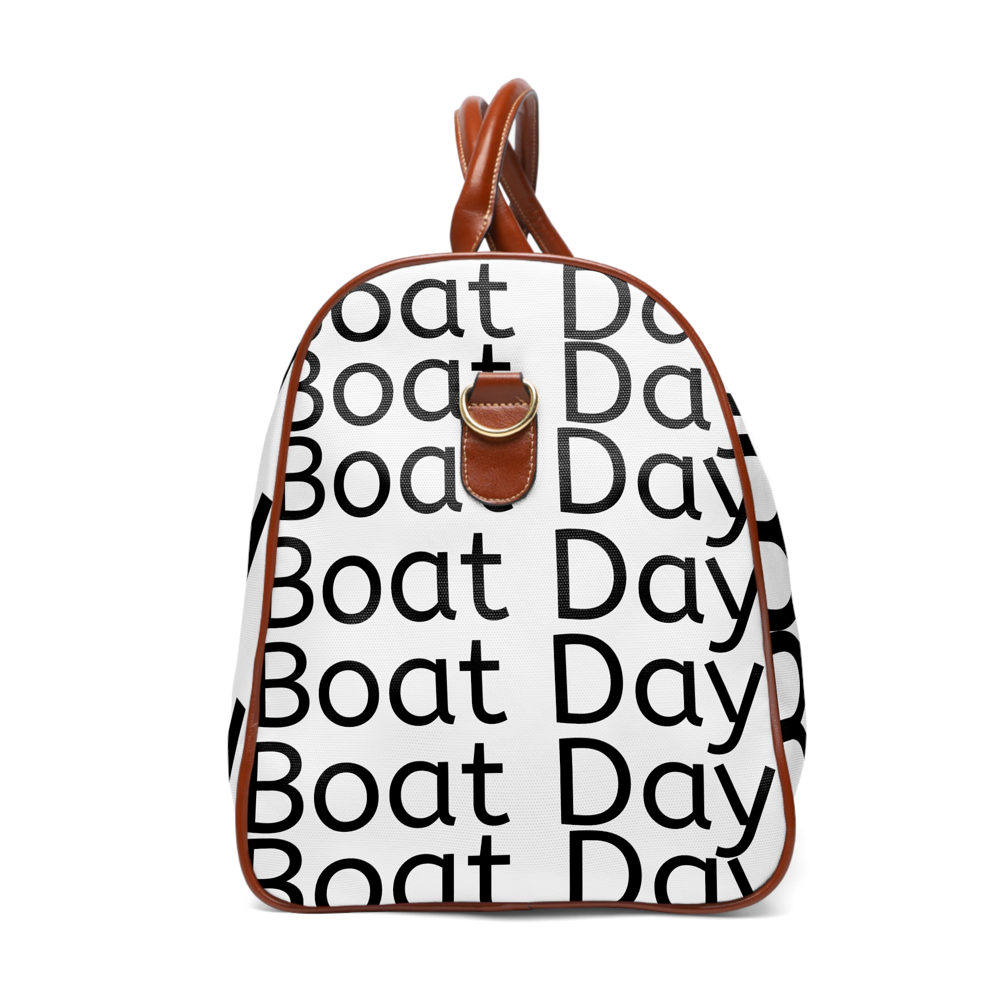 A white backpack with black writing on it.