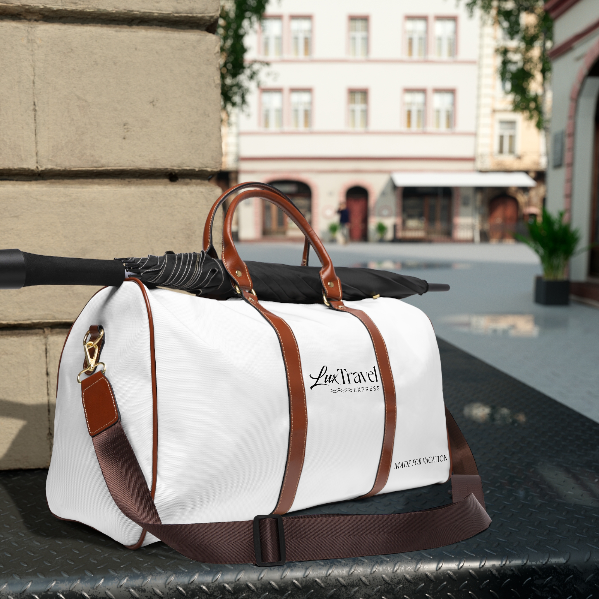 A white bag sitting on top of a table.
