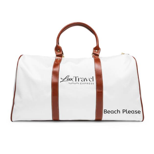 A white bag with brown leather handles and a logo.