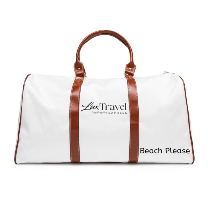 A white bag with brown leather handles and a logo.