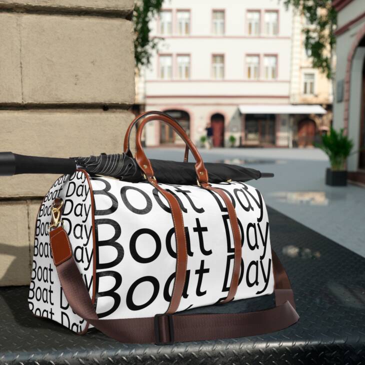 A bag that says " boat day ".