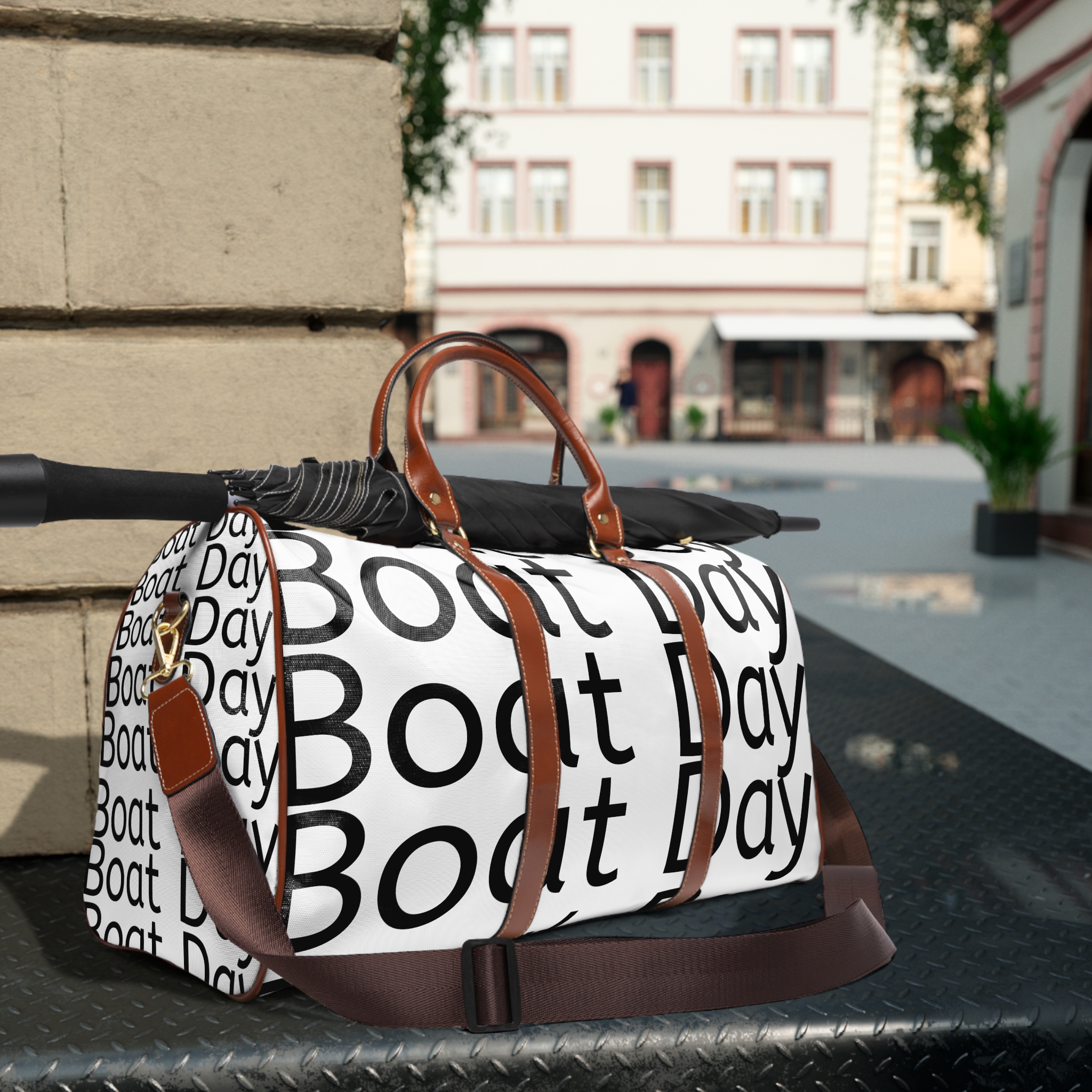 A bag that says " boat day ".