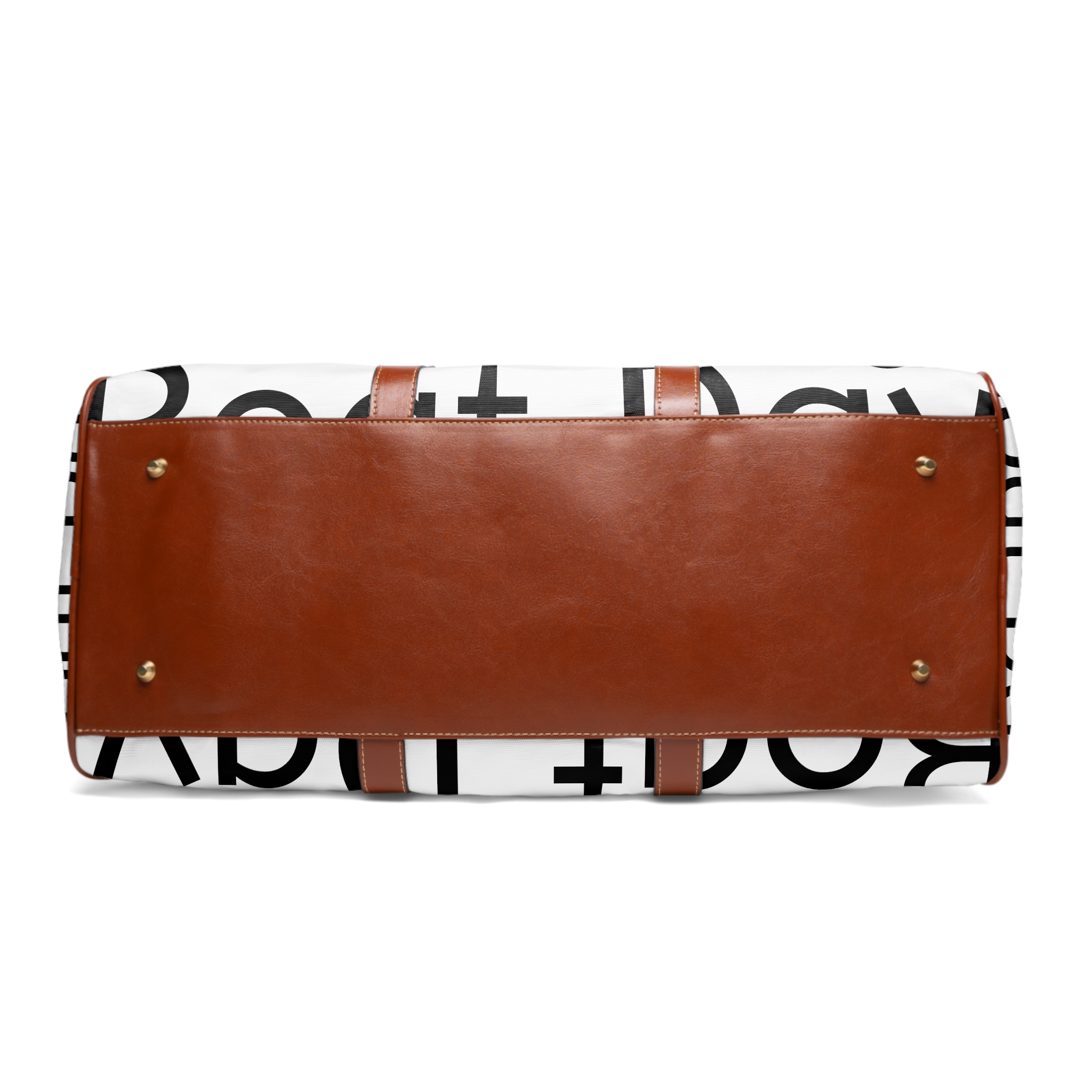 A brown and white bag with a red handle