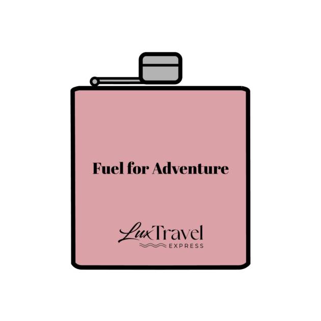 A pink bottle of alcohol with the words fuel for adventure written on it.