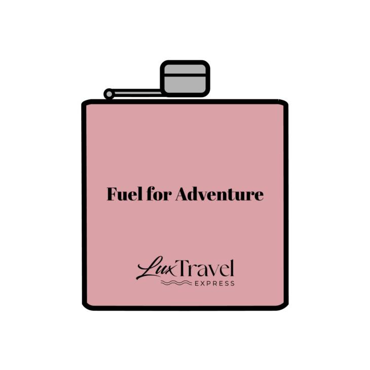 A pink bottle of alcohol with the words fuel for adventure written on it.