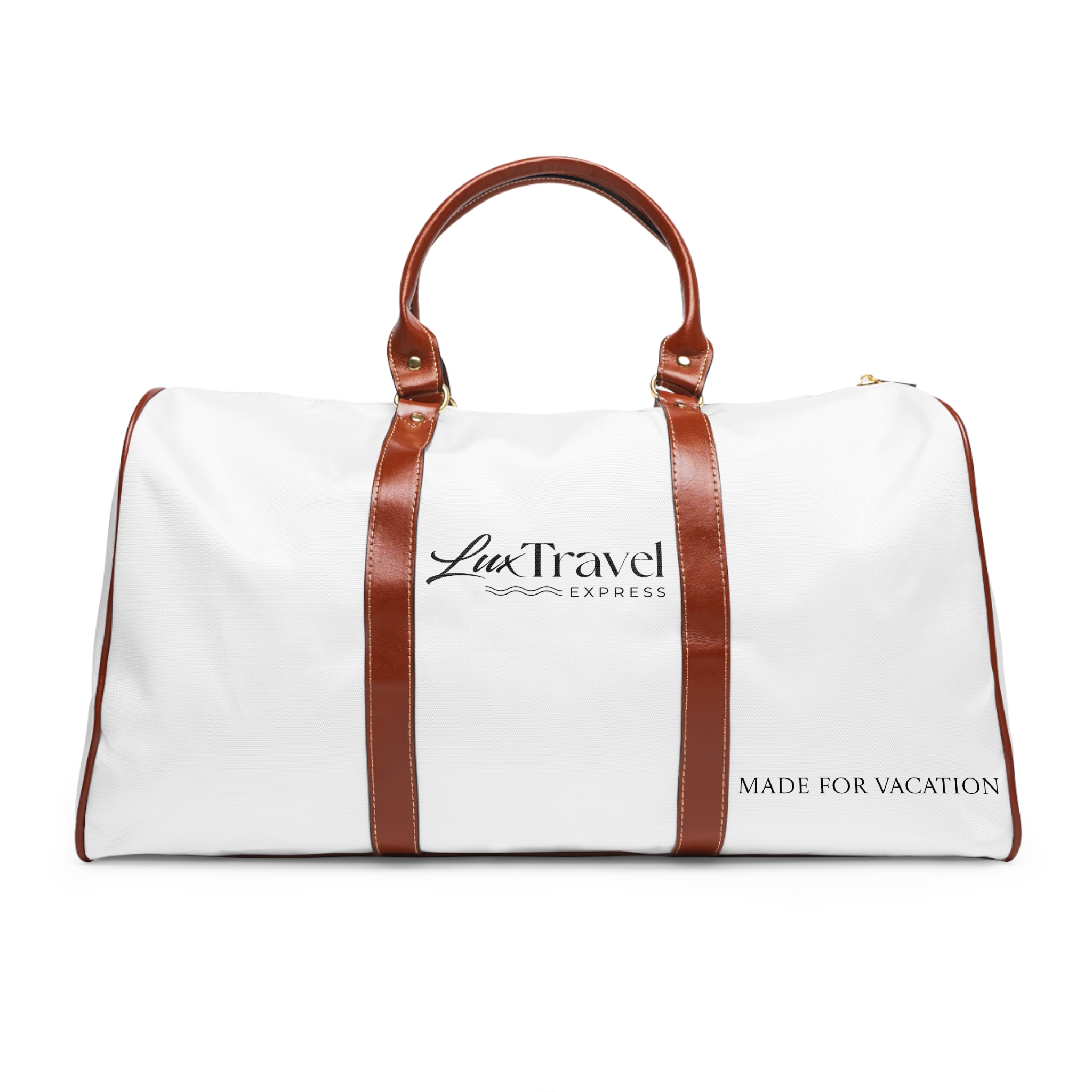 A white duffel bag with brown leather handles.