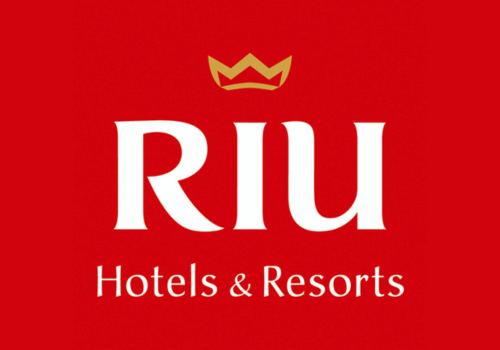 A red background with white letters and a crown.