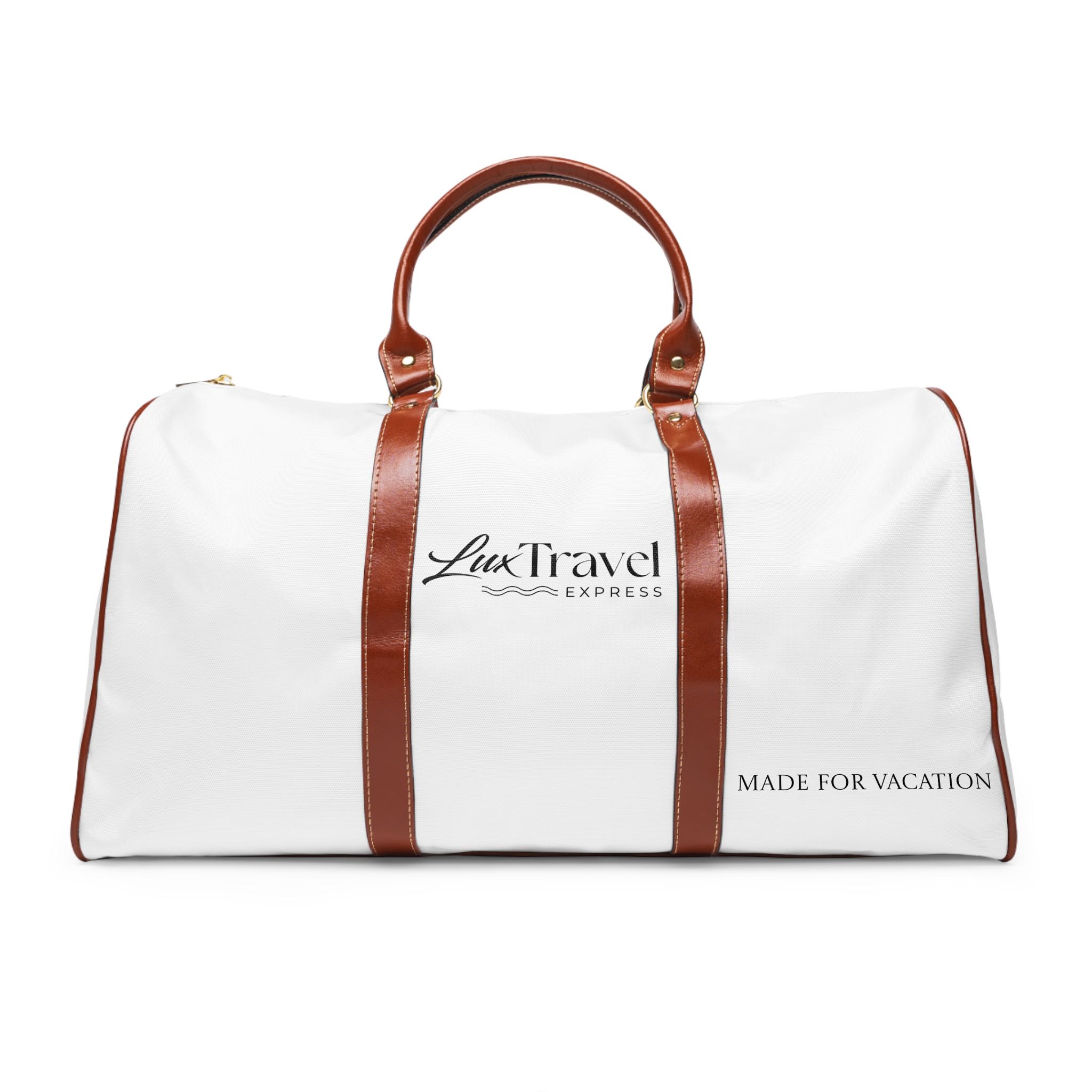 A white duffel bag with brown leather handles.