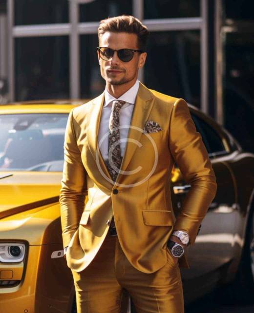 A man in a suit and tie standing next to a yellow car.