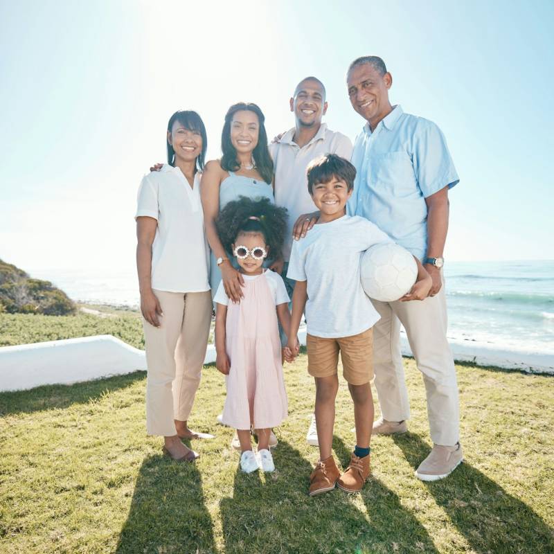 Smile, big family and portrait at ocean on vacation, holiday or summer travel mockup space. Beach,